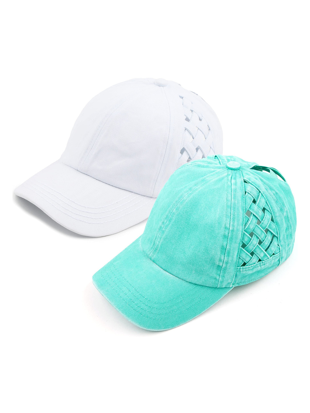 Criss Cross Ponytail Cap, Messy Bun | 2 Packs, Basketweave White, Mint | Size OS
